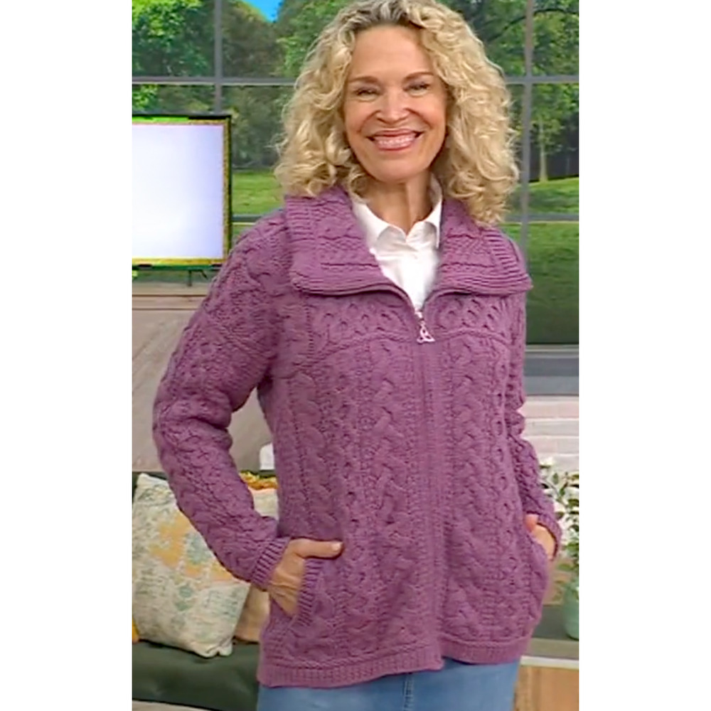 NEW ARAN CRAFTS PLUM MERINO WOOL ZIP FRONT CABLE KNIT CARDIGAN SWEATER COAT XXL - Picture 2 of 16